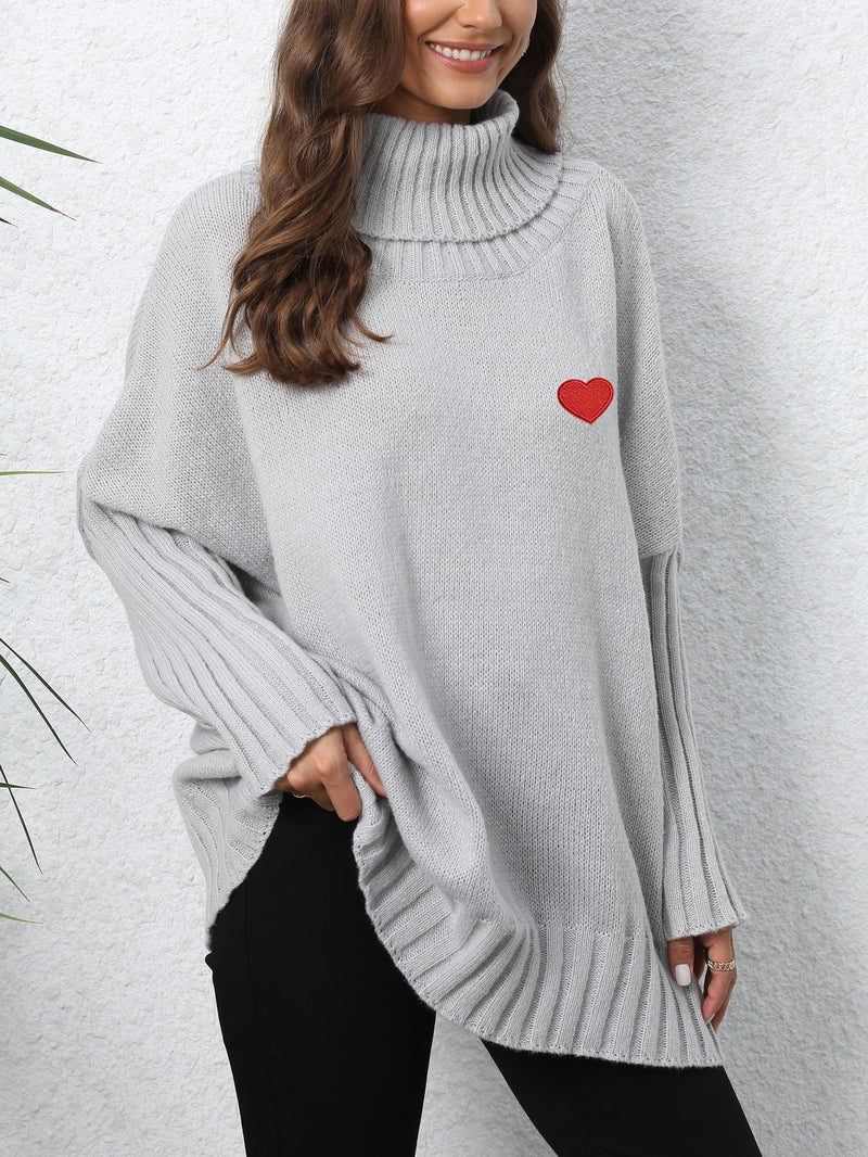women's loose turtleneck sweater with heart patches, view 5 - MRSLM