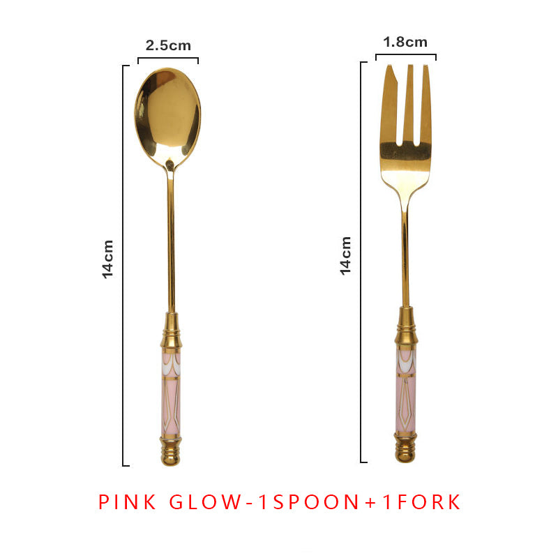 vintage gold ceramic dessert fork and spoon set, view 9 - MRSLM