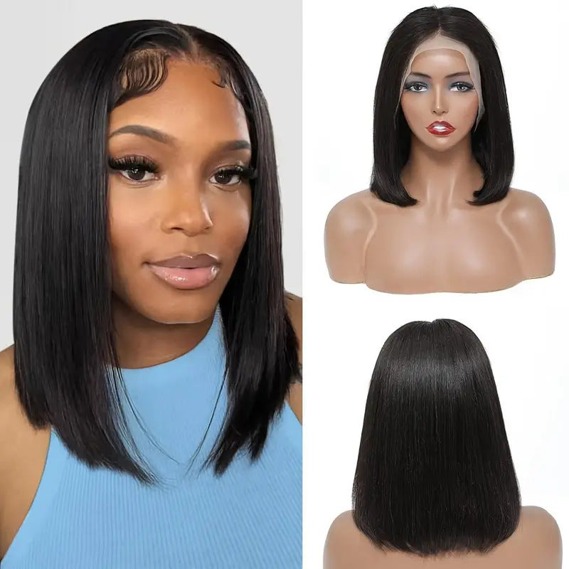 Short Bob Lace Front Wig, Black Straight Full-Head Wig