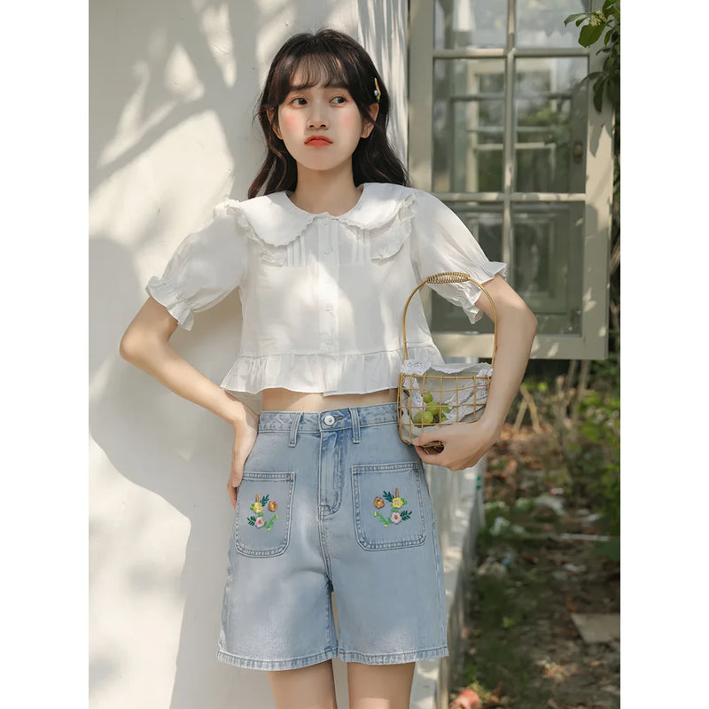 light blue embroidered denim shorts, view 5 - MRSLM