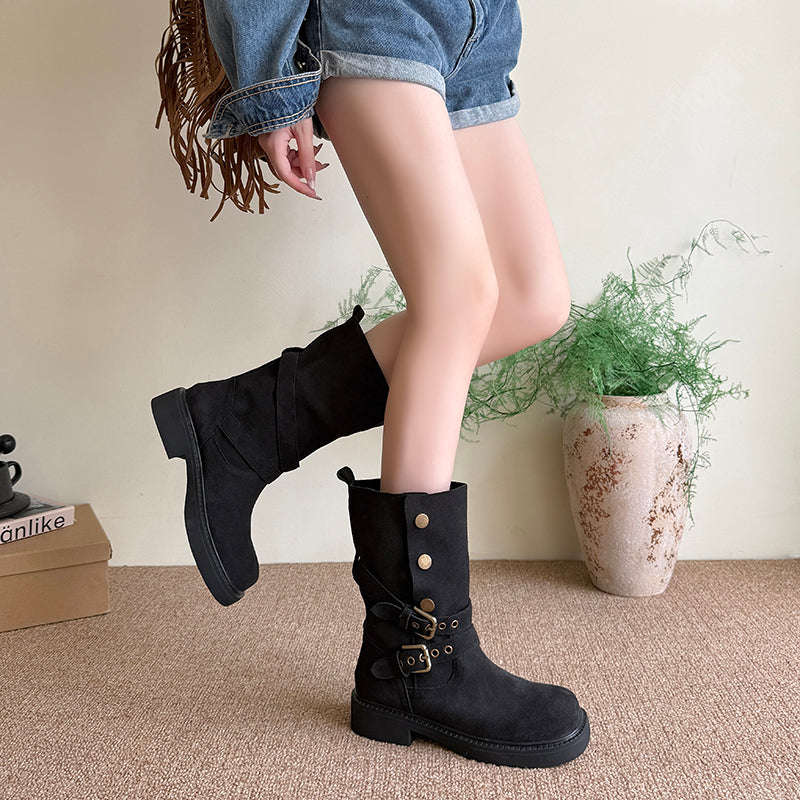 Women's suede platform buckle biker boots, view 6 - MRSLM
