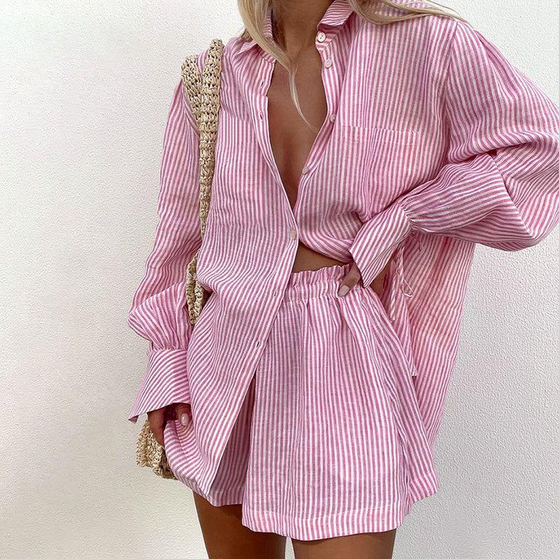 women's cotton striped shirt and shorts outfit - MRSLM