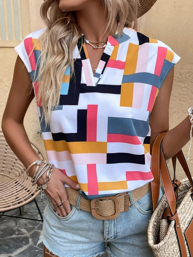 digital print doll sleeve v-neck top, view 3 - MRSLM