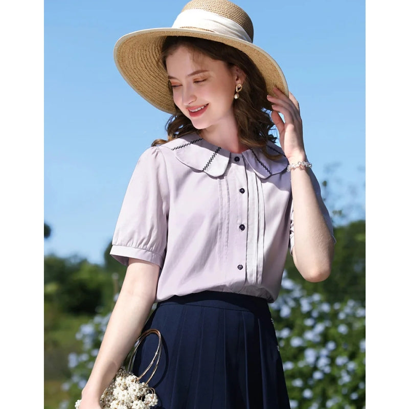 puff sleeve blouse with Peter Pan collar, view 3 - MRSLM