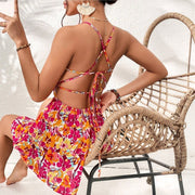 Women's floral print lace-up back short dress, view 2 - MRSLM