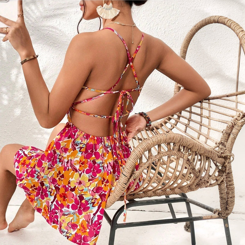 Women's floral print lace-up back short dress, view 2 - MRSLM