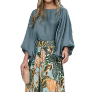 lantern sleeve printed top and wide leg pants set, view 2 - MRSLM