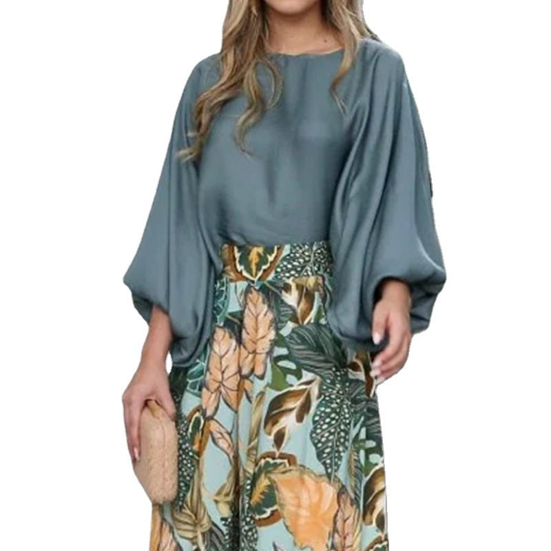 lantern sleeve printed top and wide leg pants set, view 2 - MRSLM
