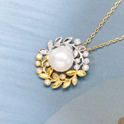 silver pearl leaf necklace, view 2 - MRSLM