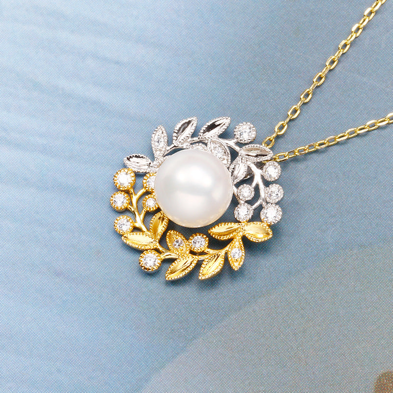 silver pearl leaf necklace, view 2 - MRSLM