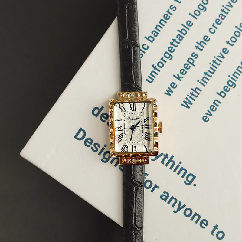 Women's rectangular leather strap antique watch, view 3 - MRSLM
