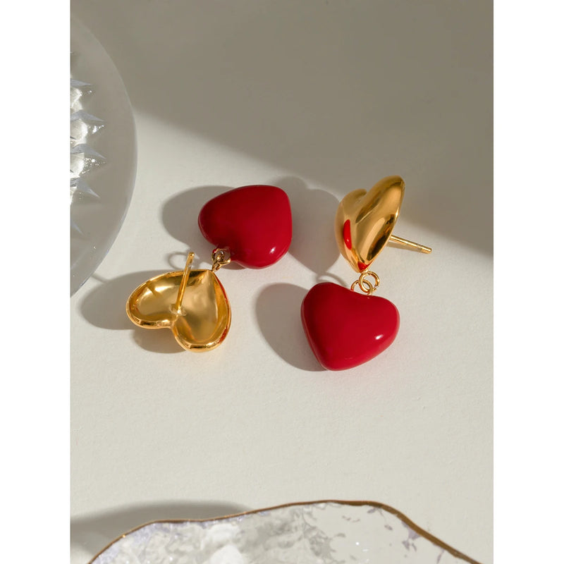 18K gold plated red heart pendant earrings, view 4 - MRSLM
