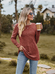 women's brushed cotton round neck long sleeve tee, view 2 - MRSLM
