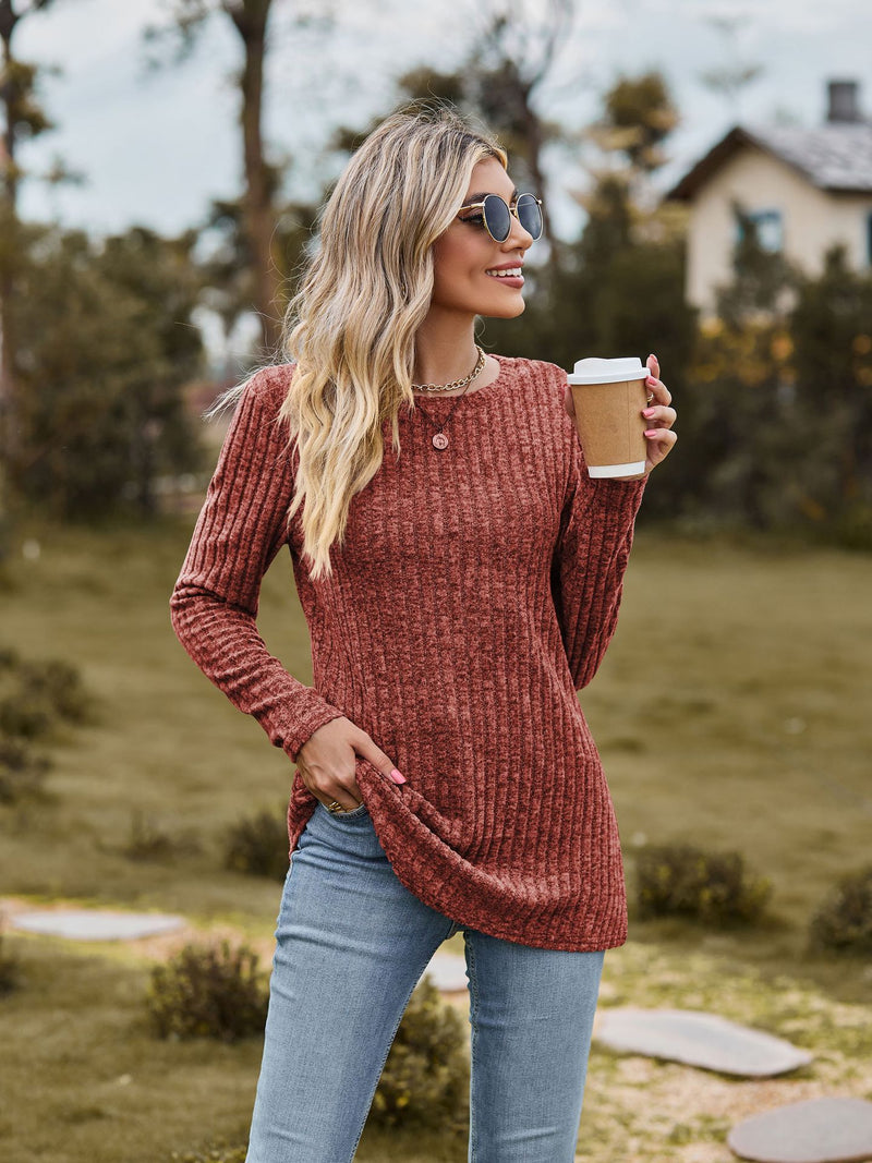 women's brushed cotton round neck long sleeve tee, view 2 - MRSLM