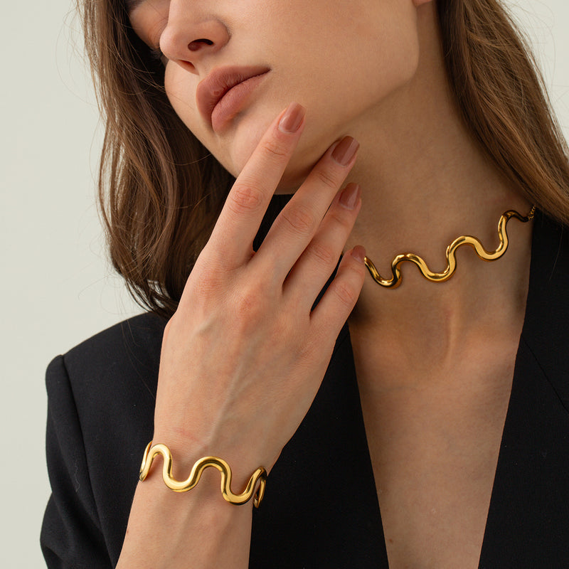 gold wave bracelet and necklace set, view 6 - MRSLM