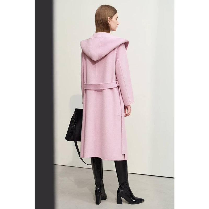 hooded long wool overcoat with belt, view 5 - MRSLM