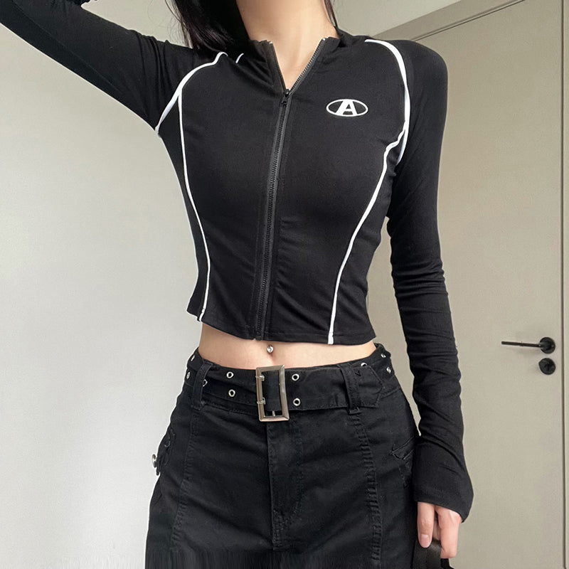 letter embroidery zipper slim fit cardigan top, view 4 - MRSLM