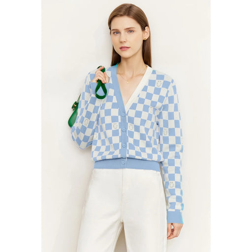 women's plaid v-neck cardigan, view 2 - MRSLM