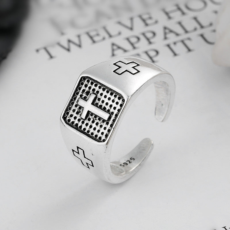 s925 silver cross marcasite punk men's ring, view 5 - MRSLM