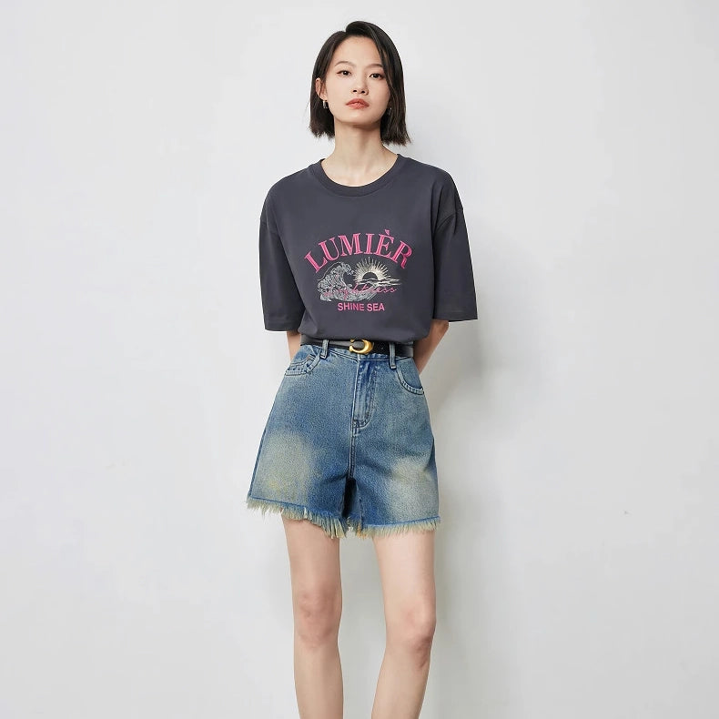 high waist tassel denim shorts, view 8 - MRSLM