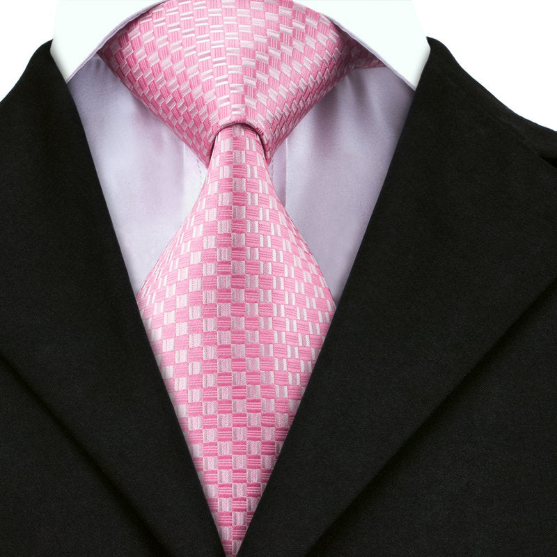 pink and white plaid silk tie set for men, view 3 - MRSLM