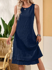 Women's navy sleeveless round neck dress, view 6 - MRSLM