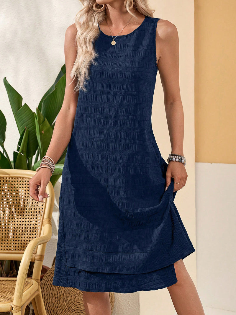 Women's navy sleeveless round neck dress, view 6 - MRSLM