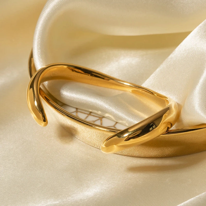 gold stainless steel wavy cuff bracelet, view 6 - MRSLM
