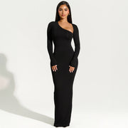 black asymmetrical slit maxi dress, view 3 - MRSLM