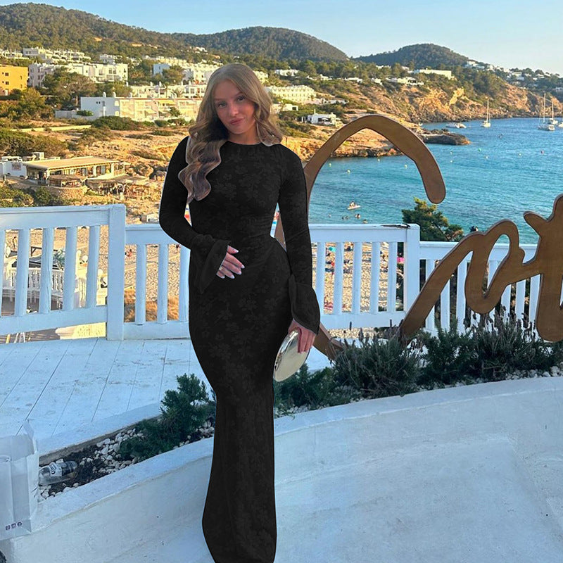 backless lace-up round neck dress, view 7 - MRSLM