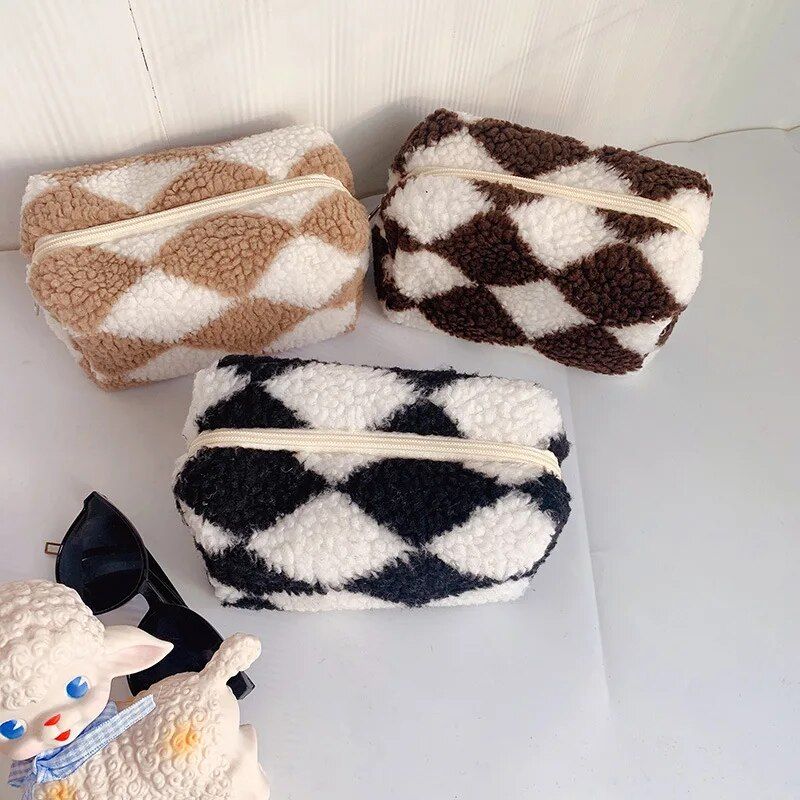 plush plaid barrel makeup bag, view 8 - MRSLM