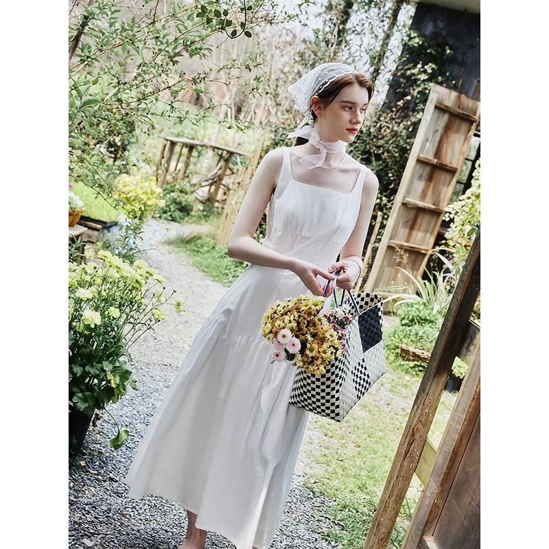 white suspender long dress, view 4 - MRSLM