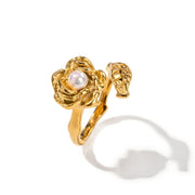 gold stainless camellia ring with shellfish beads, view 2 - MRSLM