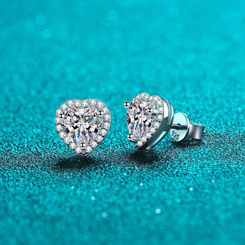 women's moissanite heart silver earrings, view 2 - MRSLM
