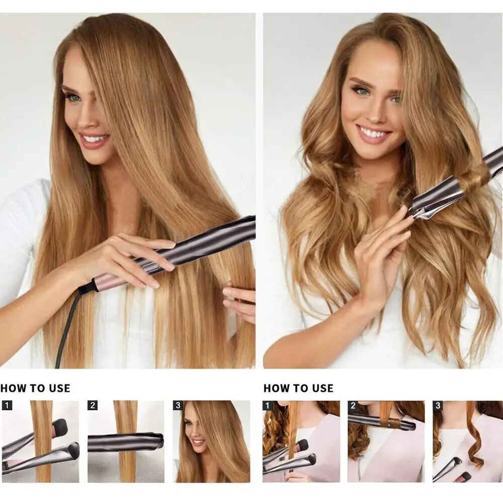 Revolutionary 2-in-1 Hair Styler: Ceramic Straightener & Curler Iron with Fast Heat & Ionic Tech