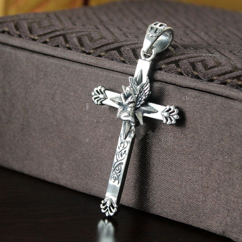 retro silver cross pendant, view 3 - MRSLM