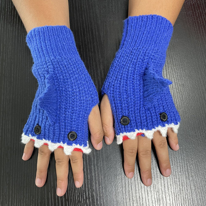 cartoon shark half finger knitted gloves, view 2 - MRSLM