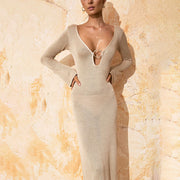 v-neck backless long sleeve knitted dress, view 6 - MRSLM