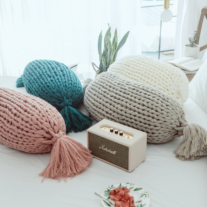 candy shape chunky knit pillow with tassels, view 7 - MRSLM