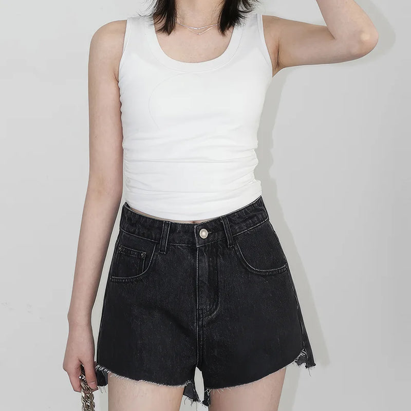 high waist asymmetric hem denim shorts, view 2 - MRSLM