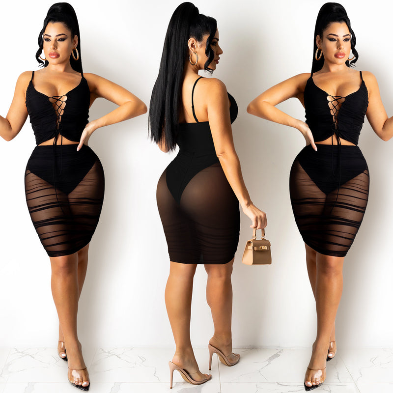 women's sling vest and lace-up pleated skirt set, view 2 - MRSLM