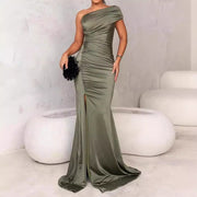 women's solid green asymmetric dress - MRSLM