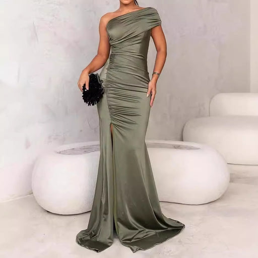 women's solid green asymmetric dress - MRSLM
