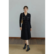 black v-neck knitted a-line dress, view 7 - MRSLM