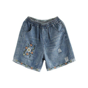 floral embroidery wide leg denim shorts, view 2 - MRSLM