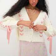 contrast v-neck tie cardigan, view 2 - MRSLM