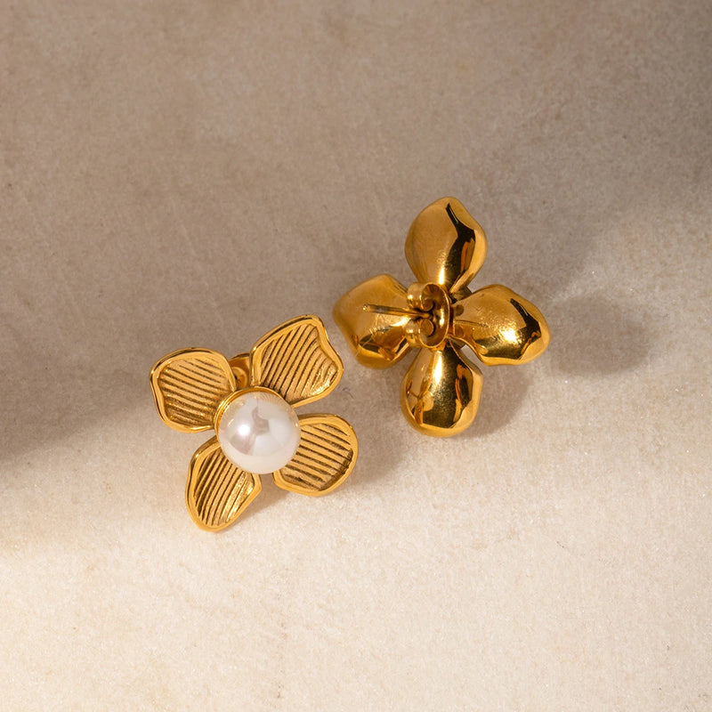 18k gold plated flower earrings with shell beads, view 5 - MRSLM