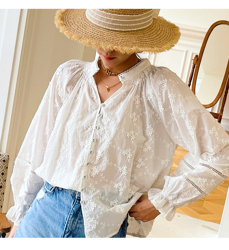 women's embroidered cotton long sleeve shirt, view 3 - MRSLM