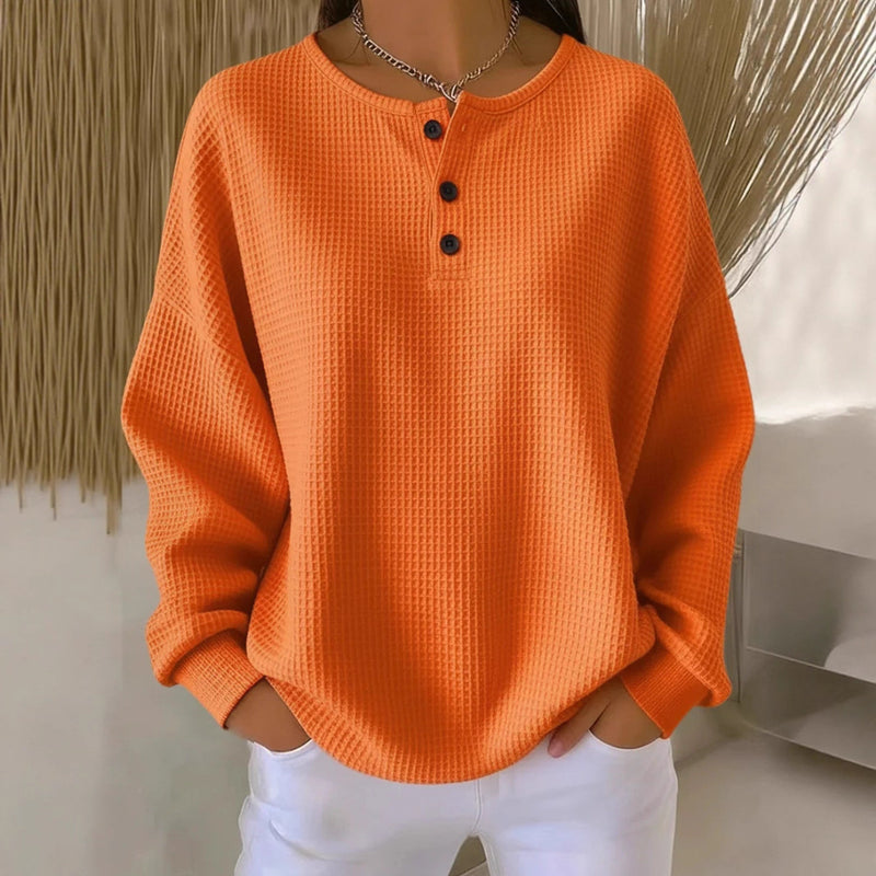 Waffle Long-sleeved T-shirt Fashion Solid Color Buttons Round Neck Pullover Top Women's Clothing