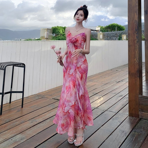 rose red printed long dress - MRSLM